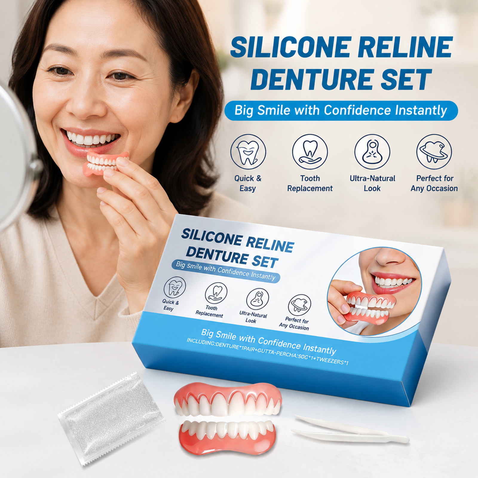 Teeth Whitening Veneers - Silicone Reline Denture Set Instant Smile